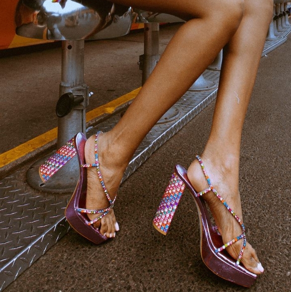 Jeffrey Campbell Size 8 Unite Pink Metallic Bright Multicolored Rhinestones Heel - Picture 2 of 10